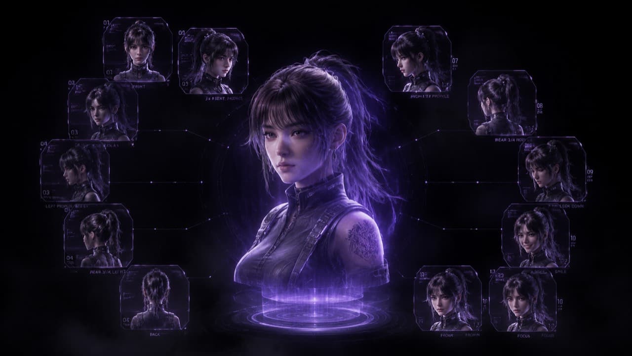 AI influencer with twelve identity-locked reference facets in a fanned arc