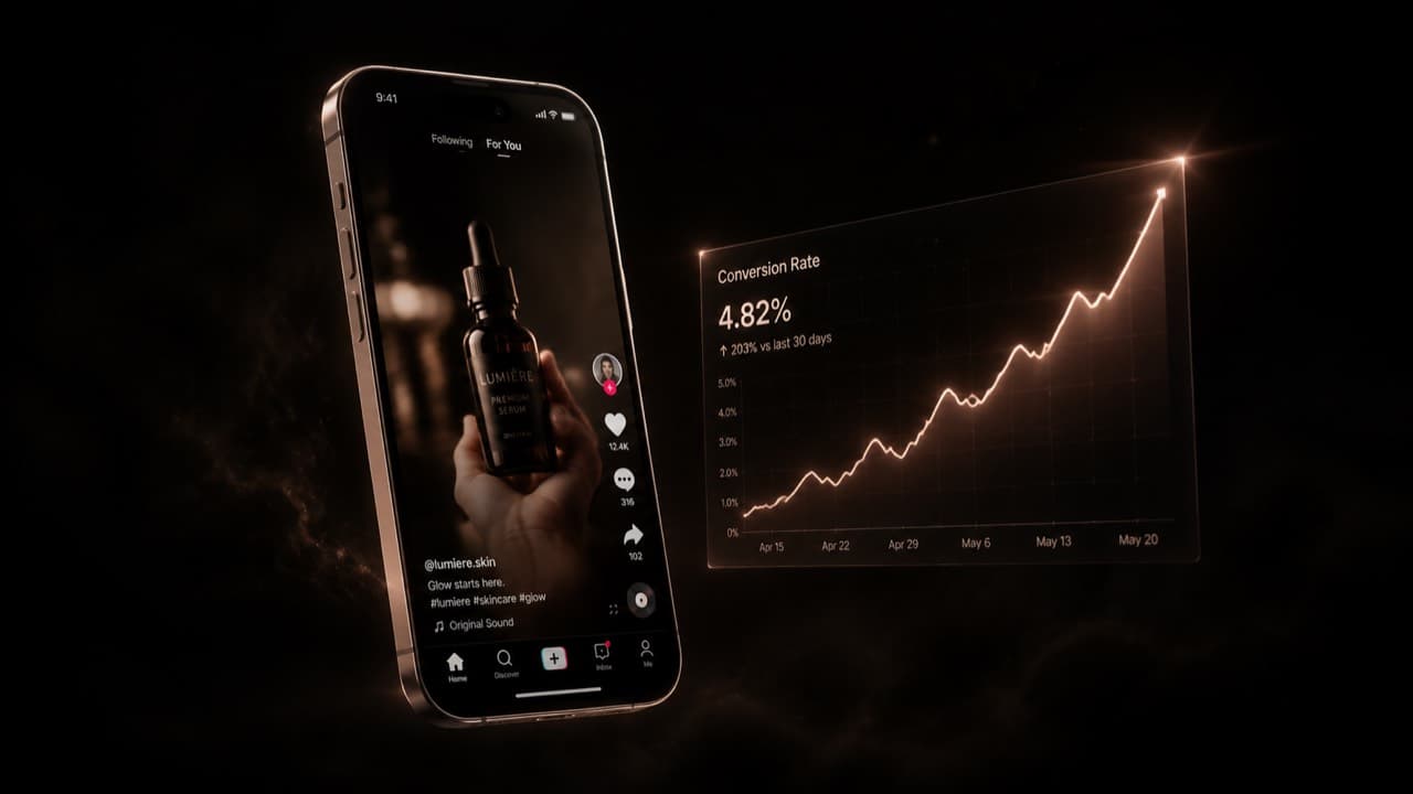 Smartphone playing a UGC short with a holographic conversion-rate graph trending up
