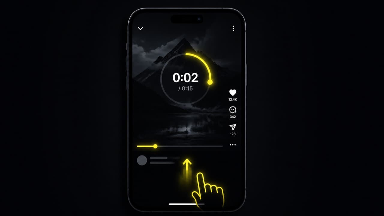 Smartphone with a clock arc at the 2-second mark and a swipe-up cursor