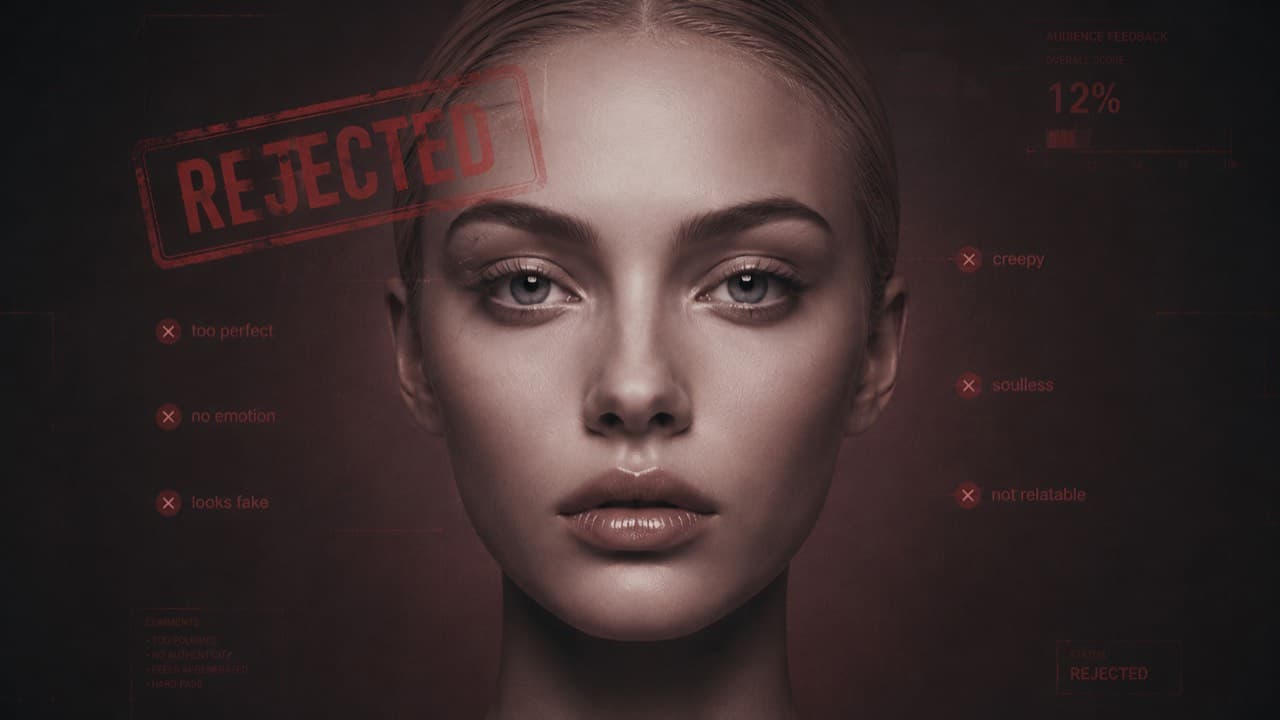 Conceptual portrait of an over-polished AI face with a faint red overlay