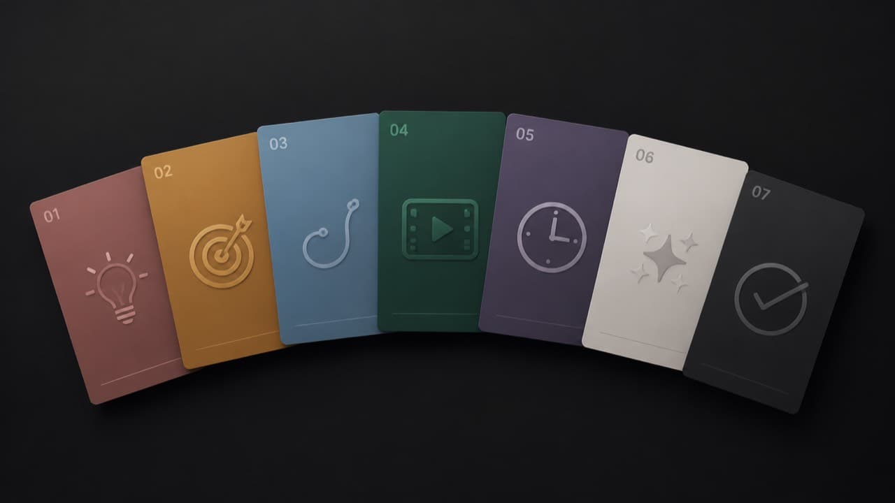 Stylized graphic of seven numbered cards arranged in an arc