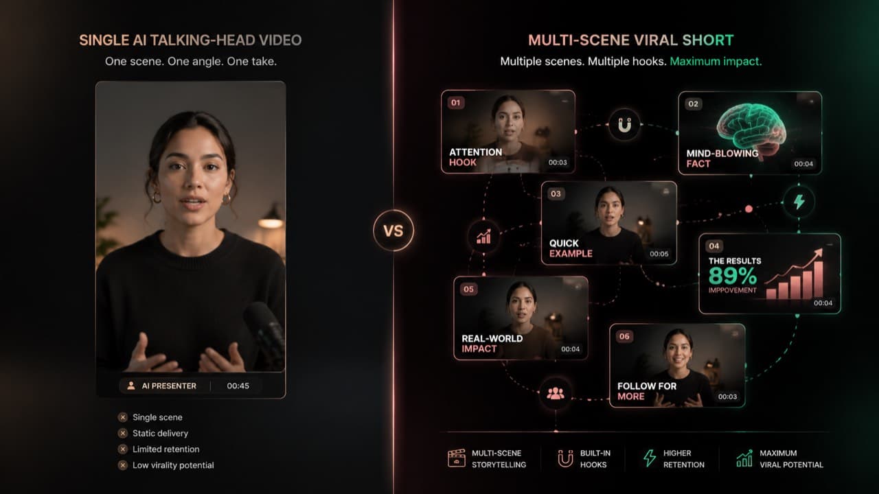 Editorial split: a single static AI talking-head frame on the left, multi-scene viral-short composition on the right