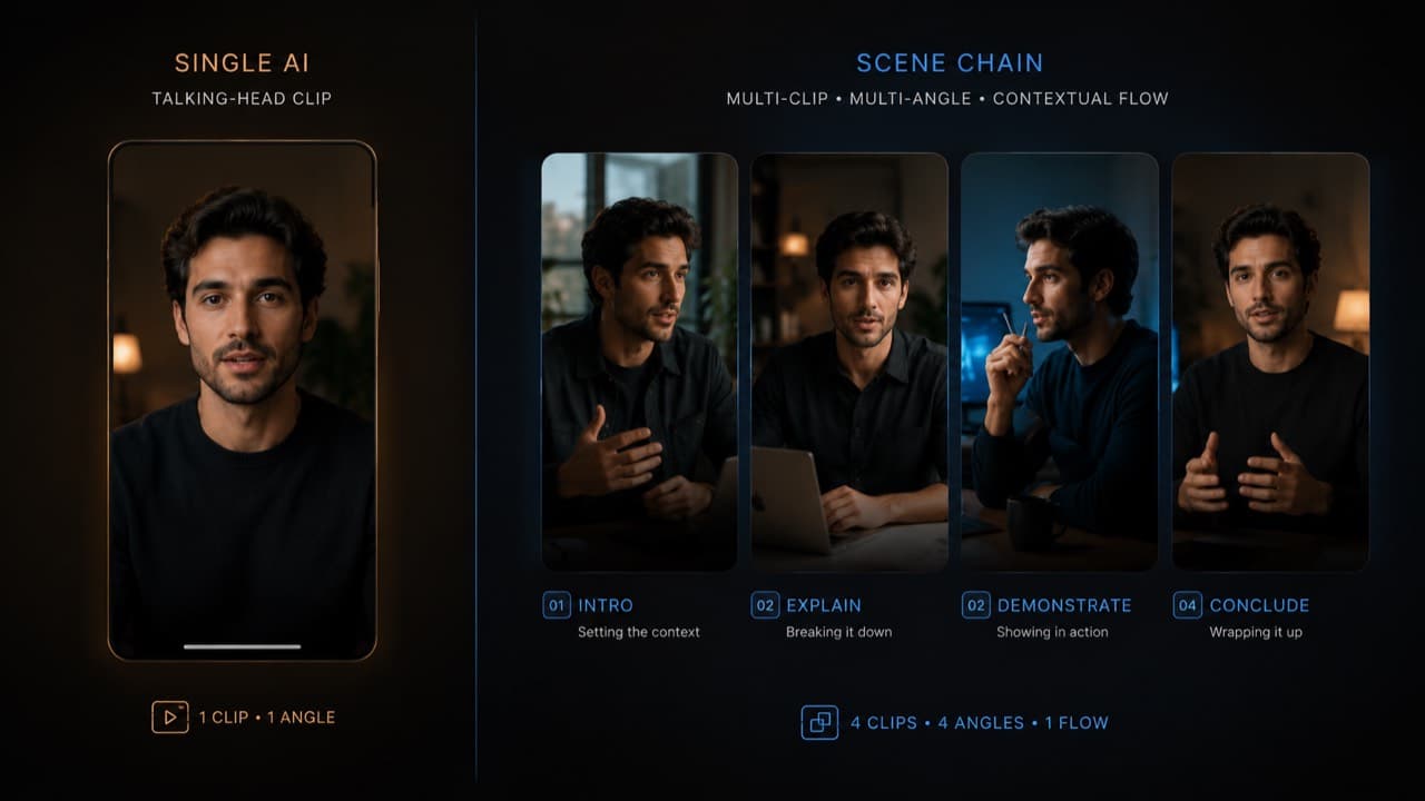 Editorial split: a single talking-head clip on the left, a four-scene chain of the same character on the right
