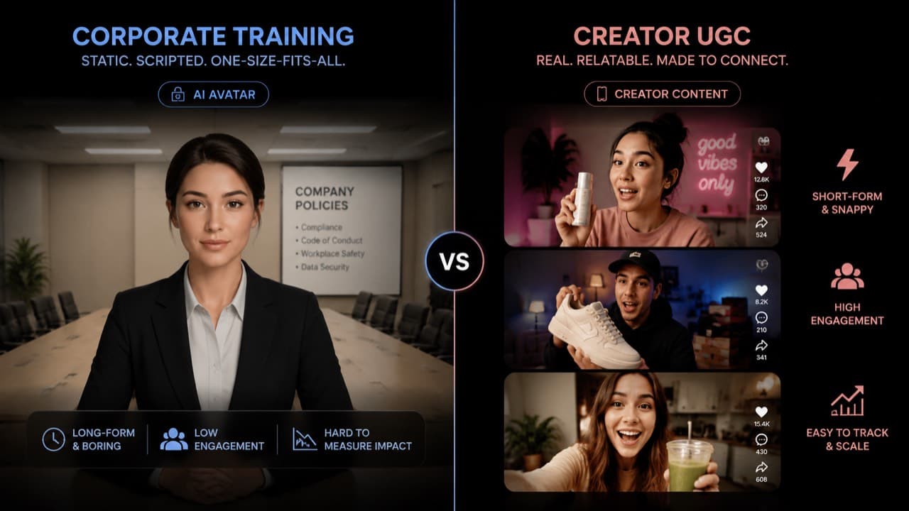Editorial split: corporate AI avatar in formal attire on the left, creator UGC short-form scenes on the right