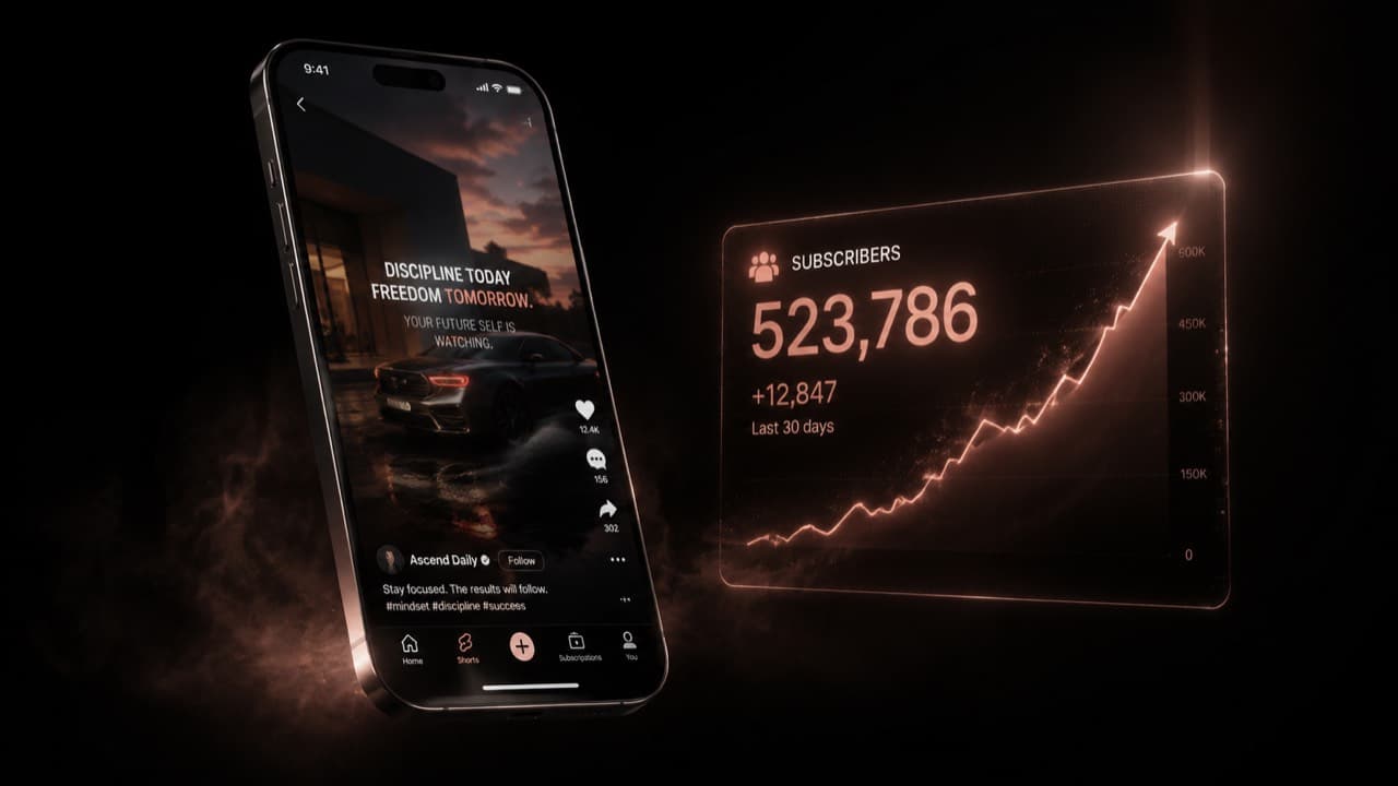A smartphone playing a faceless content style short with a holographic subscriber counter trending up