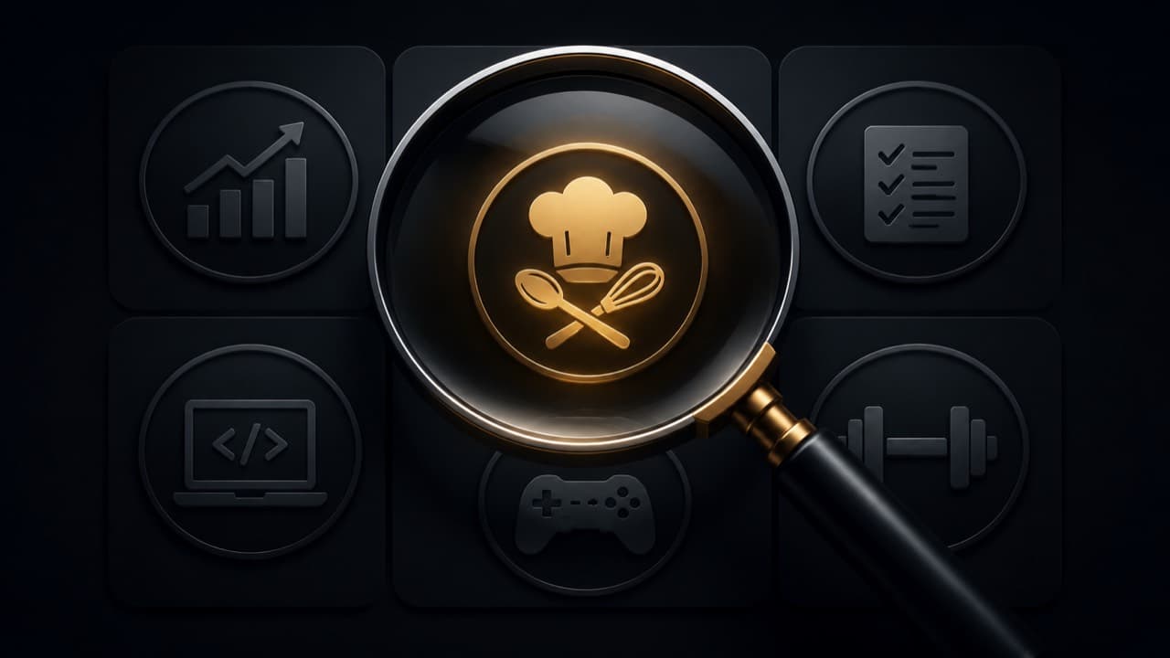Magnifying glass over a grid of niche category icons with one glowing gold