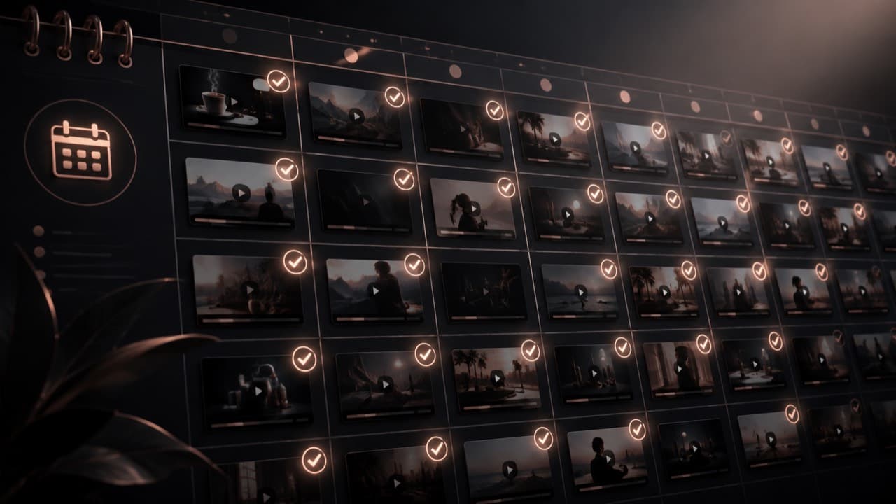 A content calendar grid expanding outward with video thumbnails populating cells