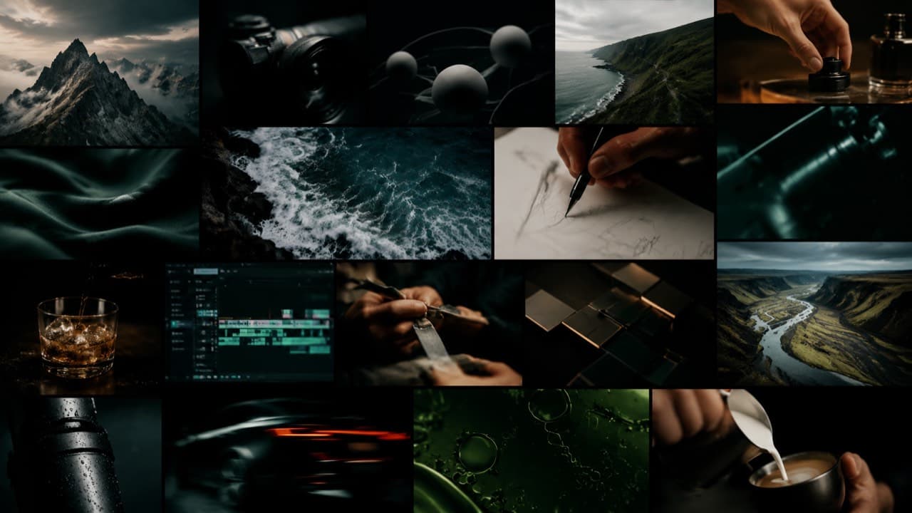 Editorial collage of multiple short-form video frames with no human faces visible