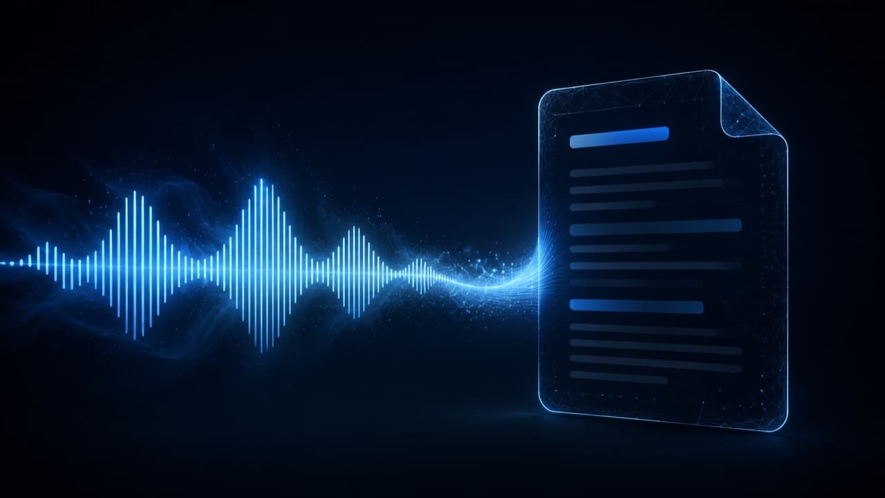 A glowing voice waveform flowing into a script document outline