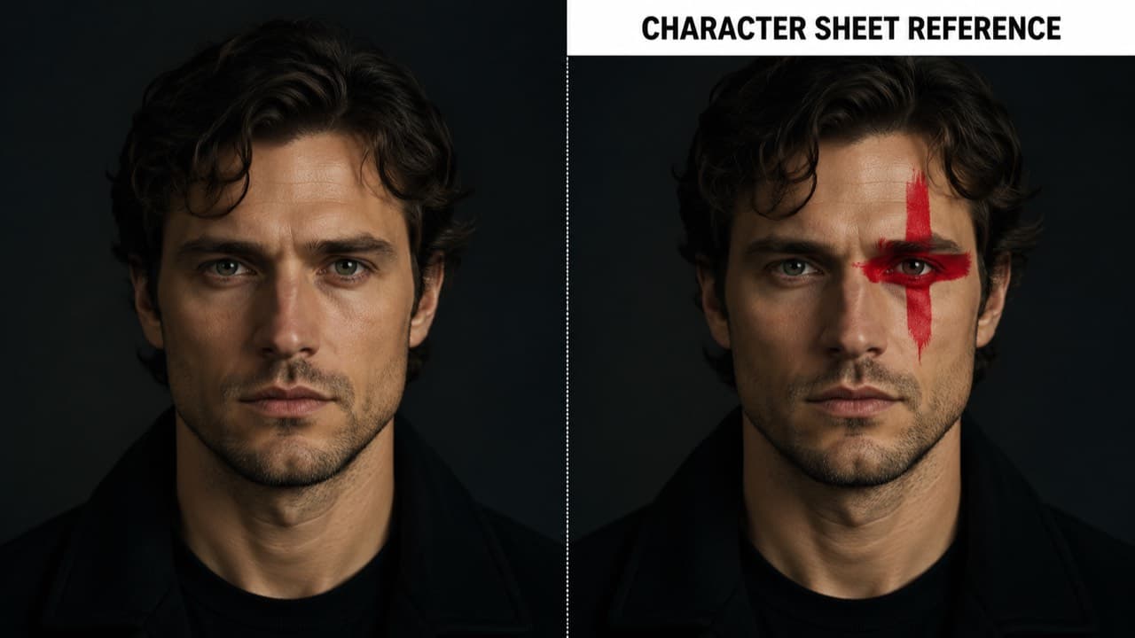Before/after: pristine portrait on the left, marked-up reference version on the right
