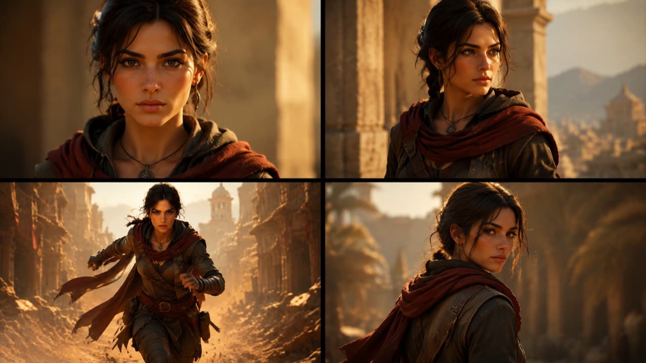 Four-panel consistency grid: same character across different angles and poses