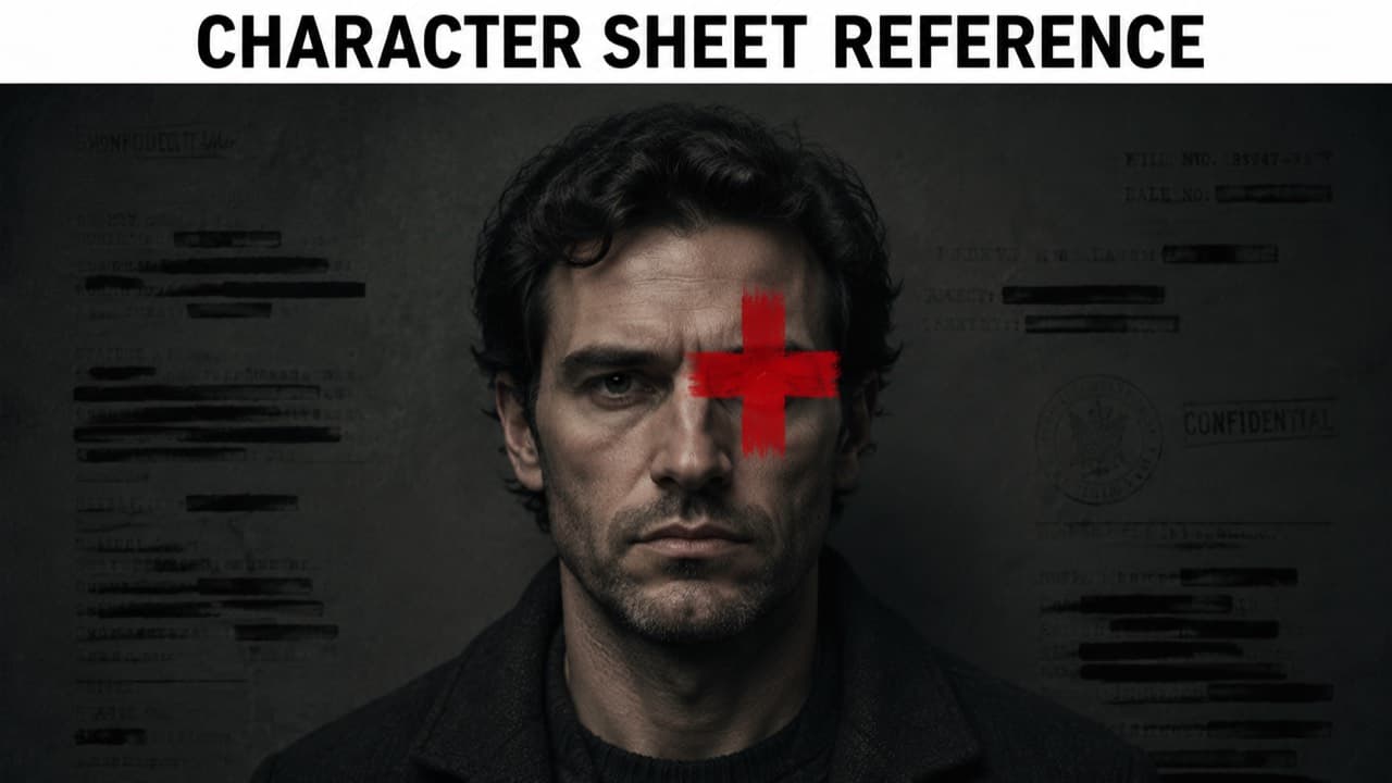 Portrait with a thick red plus-sign cross over one eye and a 'Character Sheet Reference' banner across the top