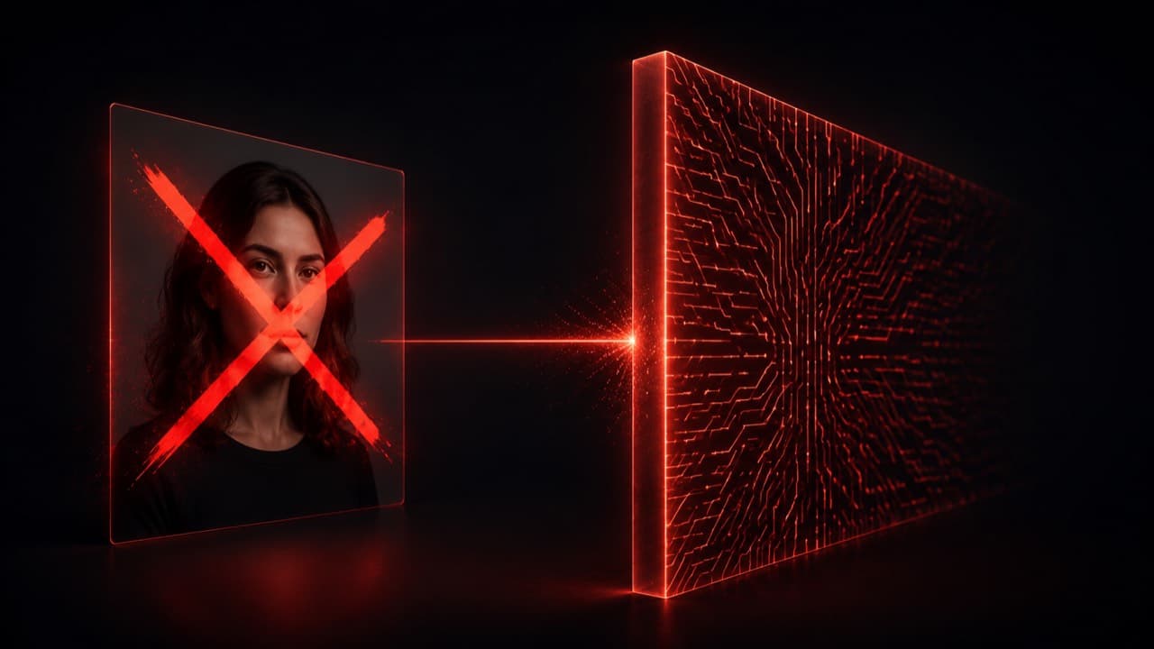 AI filter rejection: portrait blocked by a glowing AI filter wall