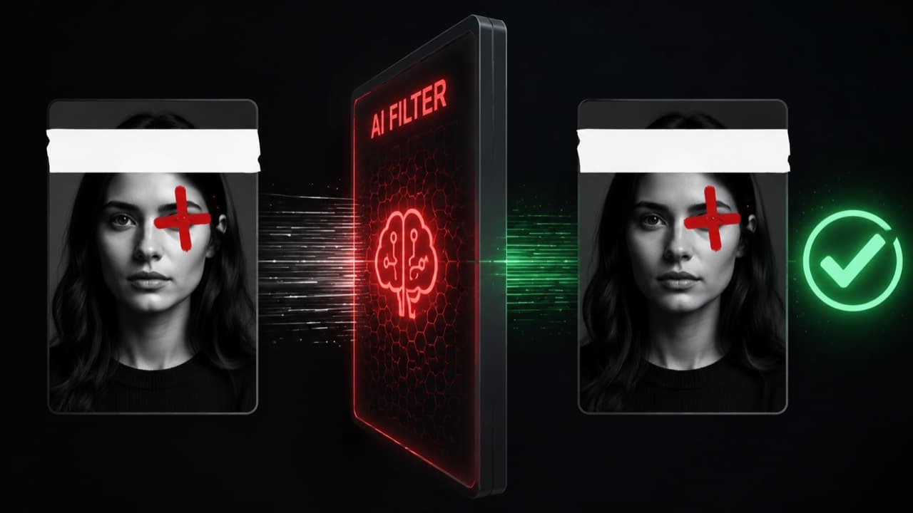 Marked-up portrait passing through the filter with an emerald check icon