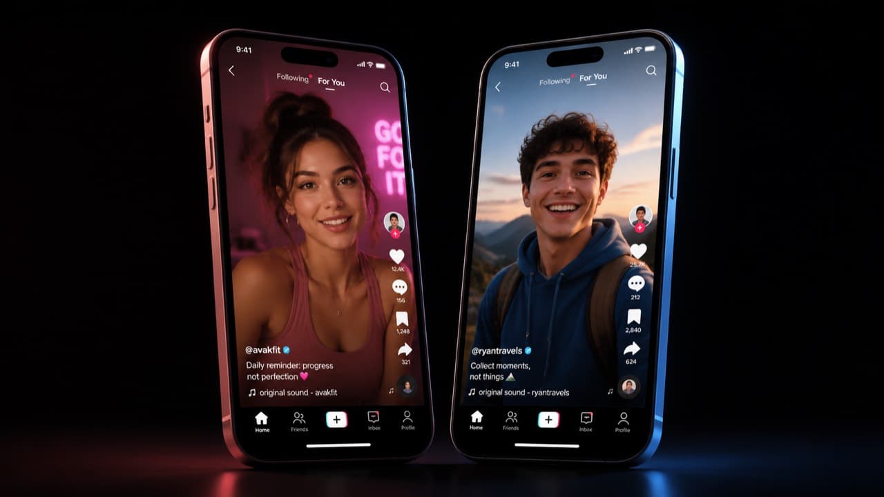 Two vertical smartphones side by side: one playing a viral TikTok, the other playing the same structure recreated with a different character