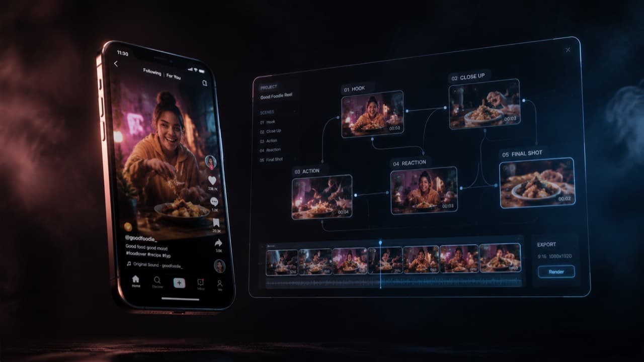 Smartphone playing a viral short next to a holographic node-based canvas of scene boxes