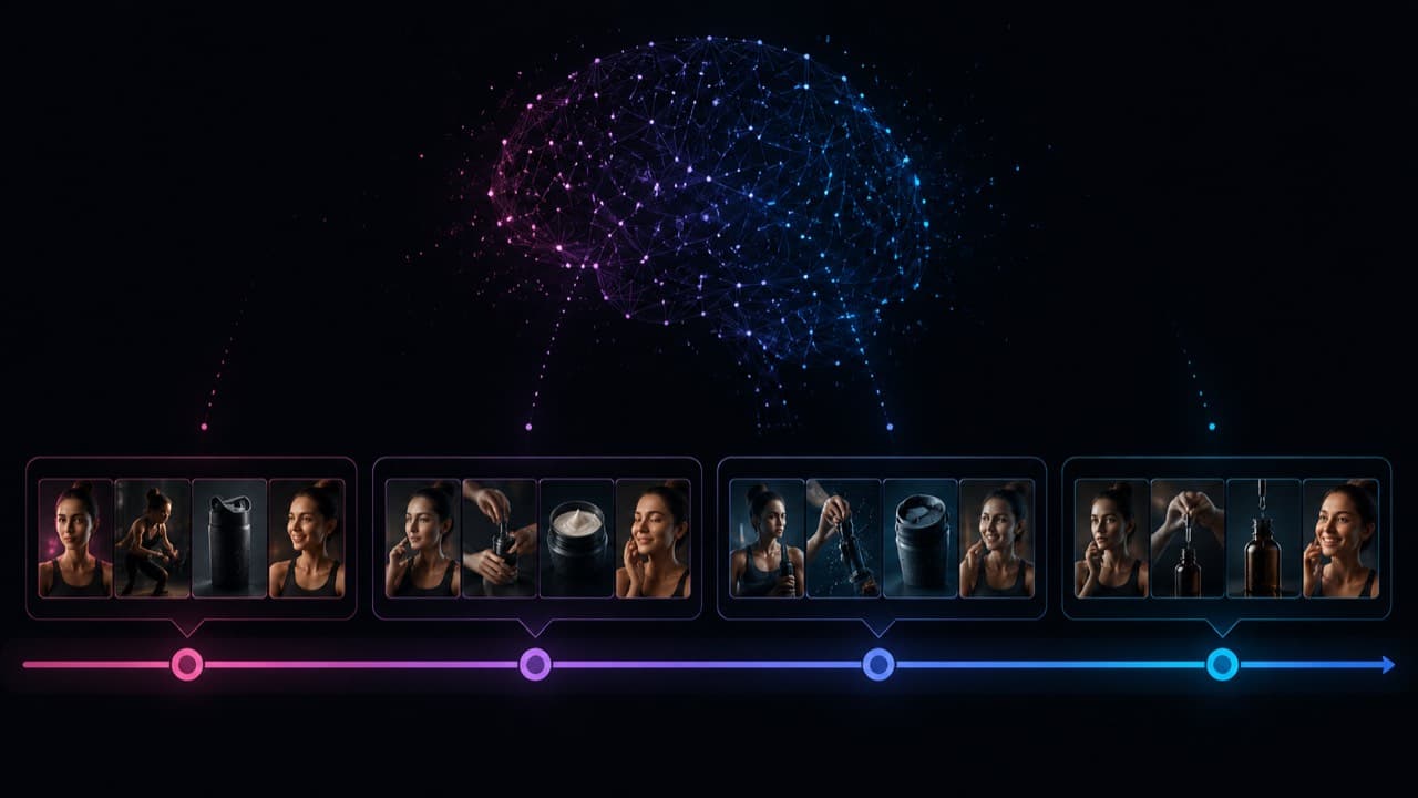 Stylized timeline showing four scene chunks of a video being analyzed
