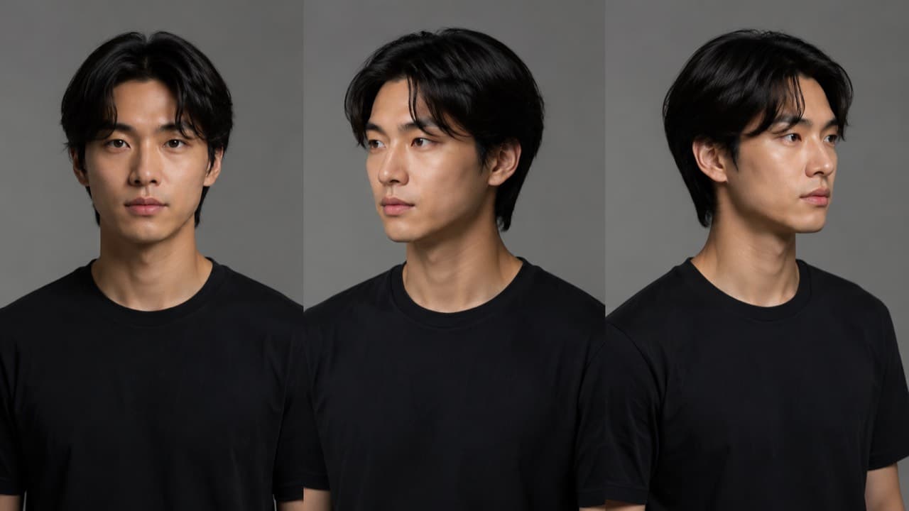 Three-angle reference of a fictional creator: front, three-quarter left, three-quarter right