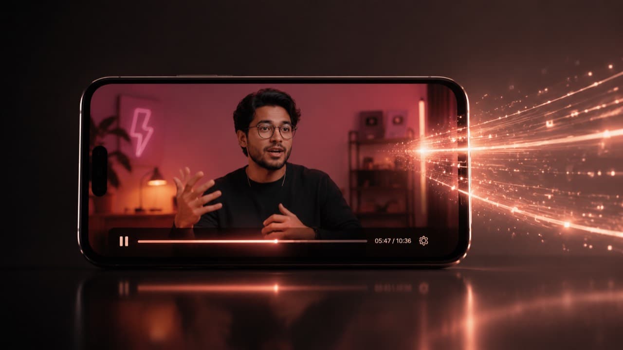 Smartphone mid-render with a glowing progress bar and a creator video frame on screen