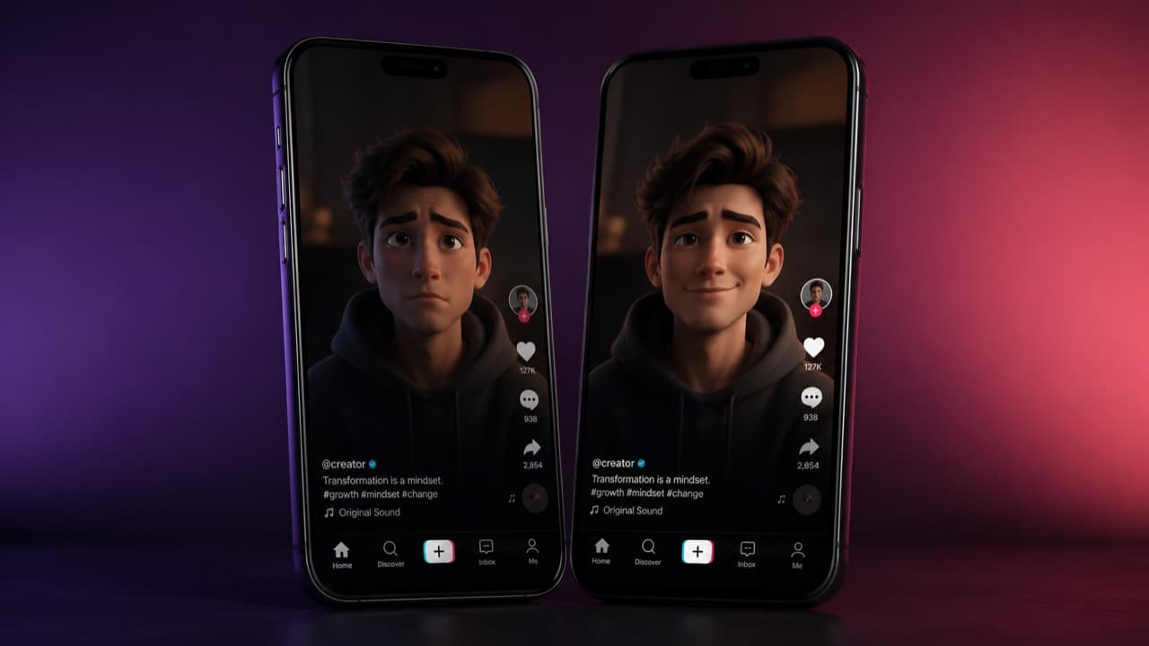 Two phones side by side showing original viral short and recreated version