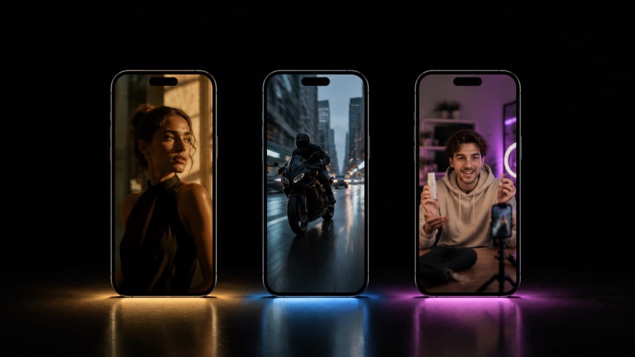 Three smartphones in a row, each playing a frame from a different AI video model