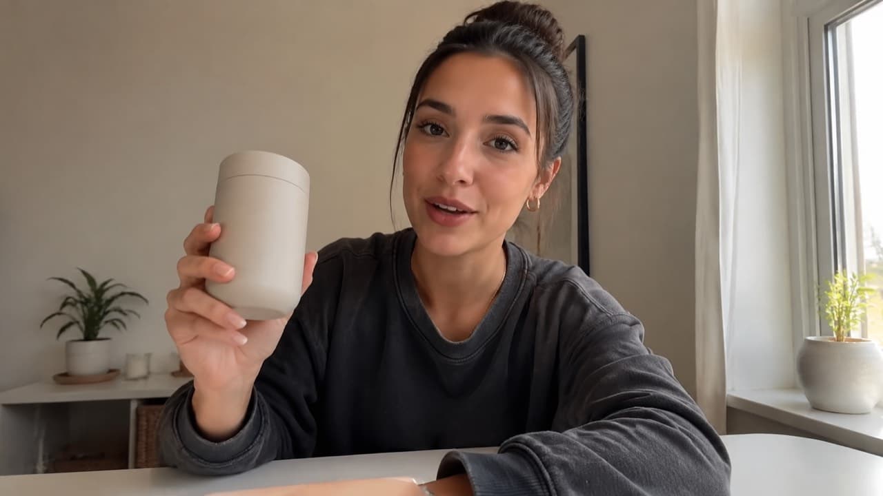 Casual UGC frame of a creator at a clean desk holding a product