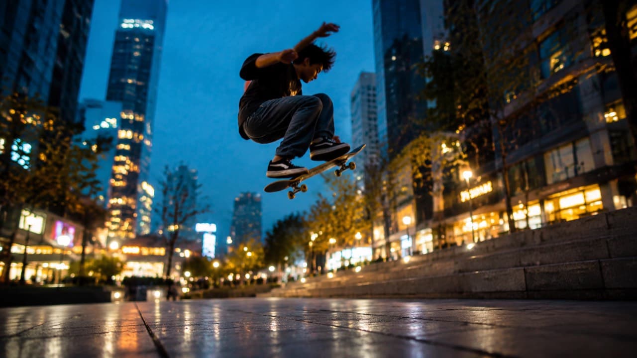 Dynamic urban action still: a skater mid-air at dusk with motion blur