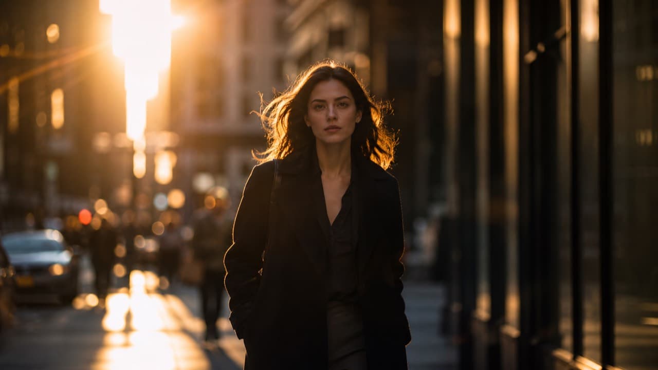 Cinematic still: a person walking toward camera through golden-hour light