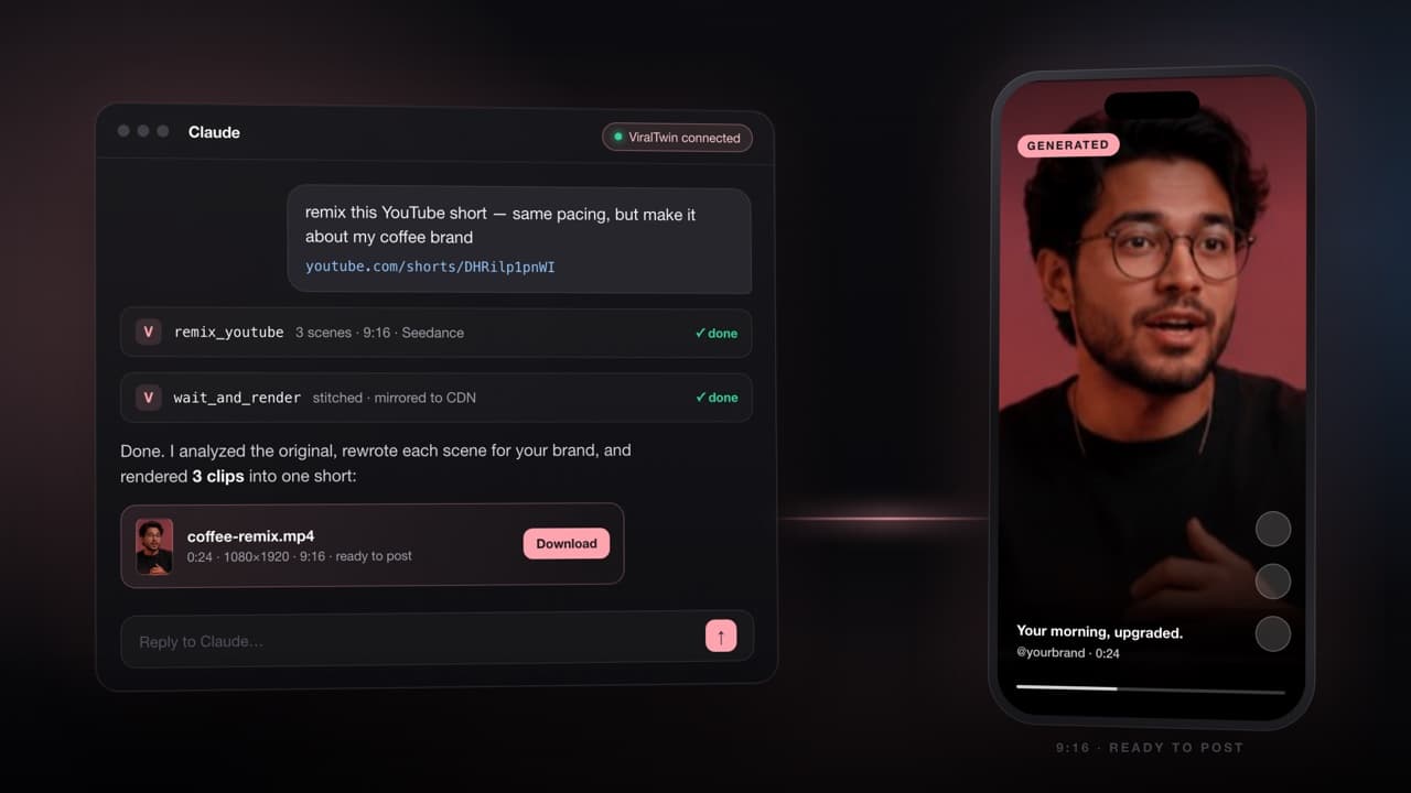 Editorial split: a Claude chat window on the left typing 'remix this YouTube short' and a generated 9:16 video appearing on the right